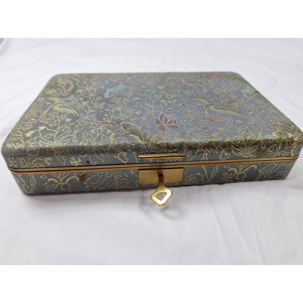 Vintage Blue Silk Brocade Jewelry Box Gold Floral Bird Pattern with Key - Picture 11 of 13